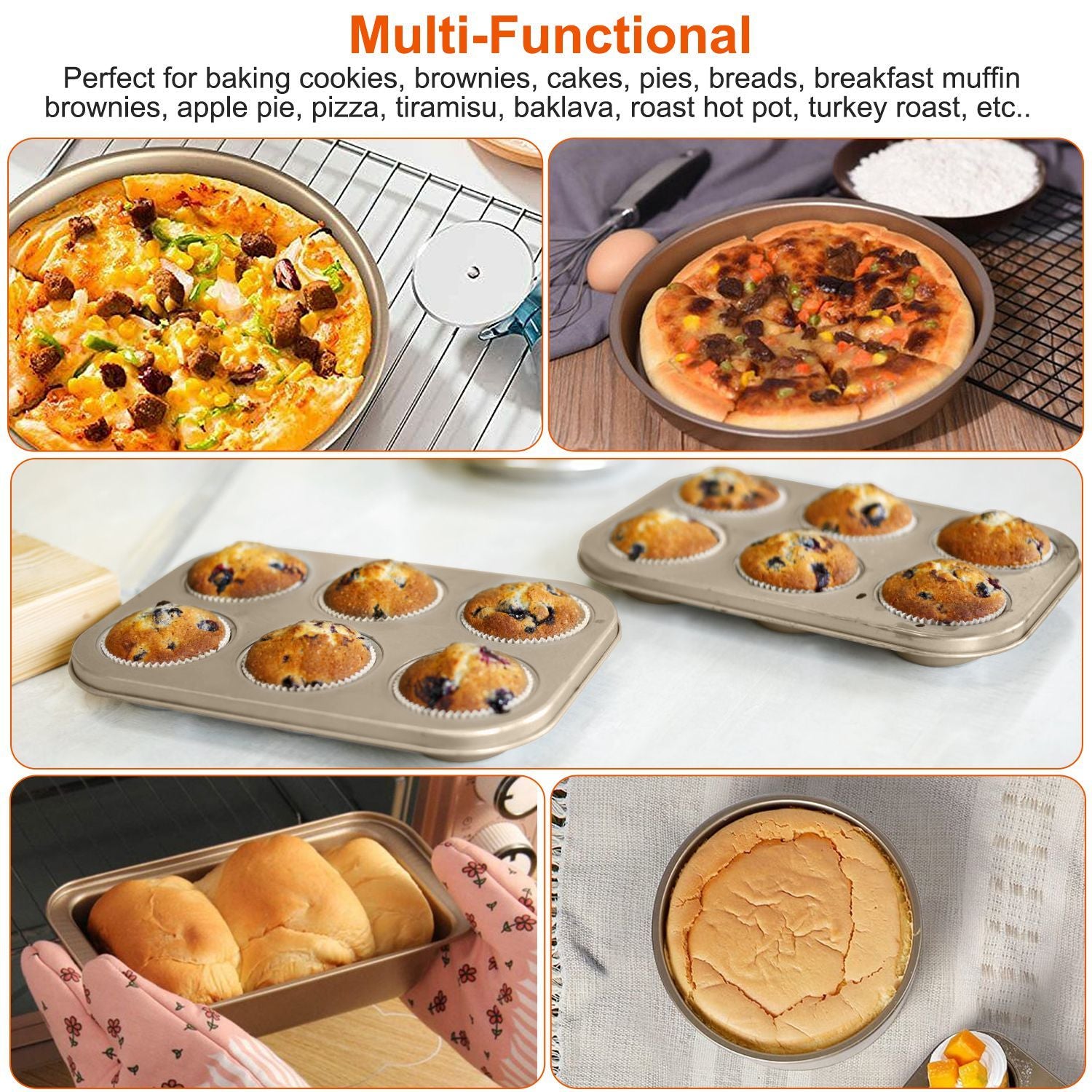 Multi-functional baking pans demonstrating various baked goods including pizza, muffins, rolls, and cakes, perfect for cookies, brownies, pies, and more. Ideal for versatile baking needs.