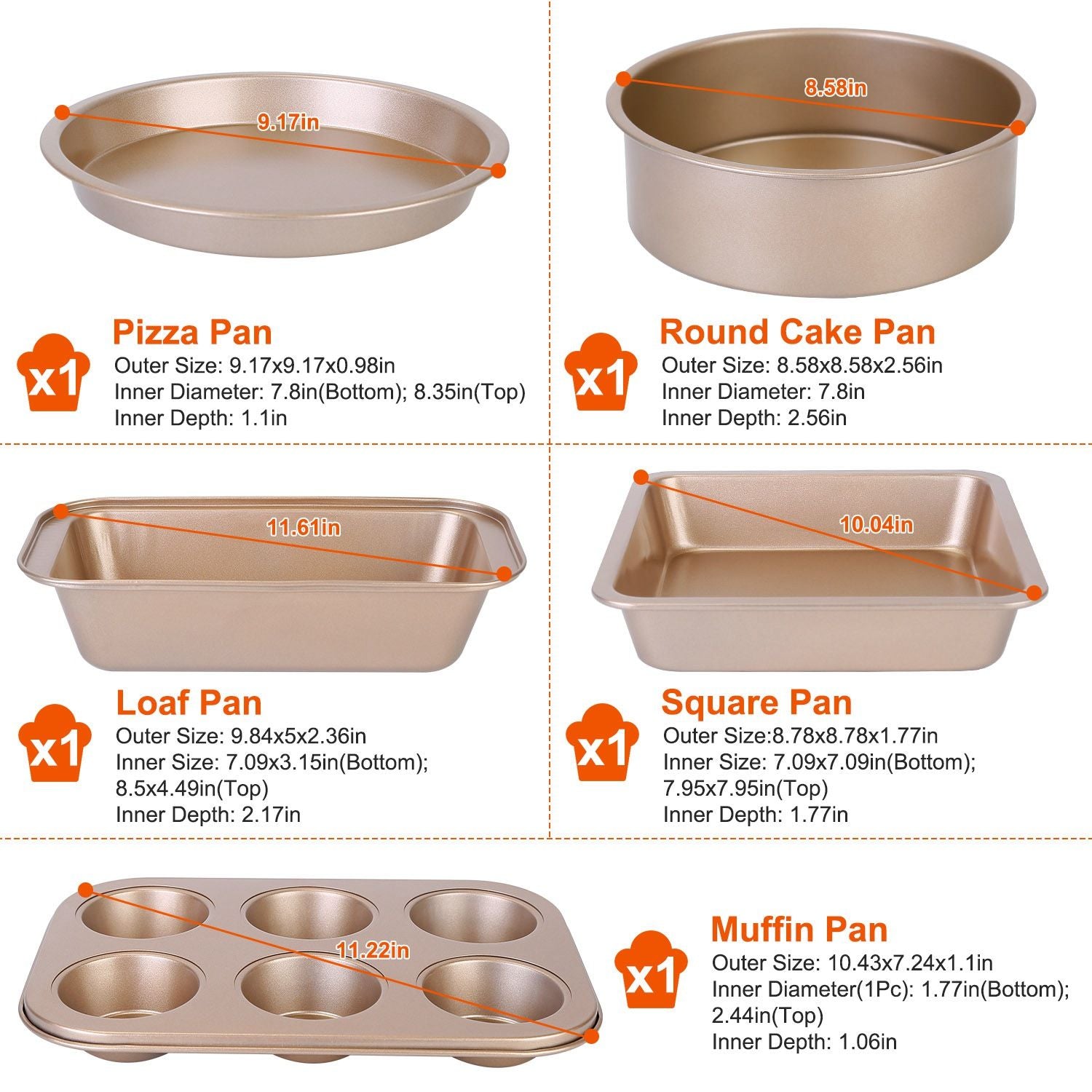 Set of five baking pans including a pizza pan, round cake pan, loaf pan, square pan, and muffin pan with detailed size specifications for each.