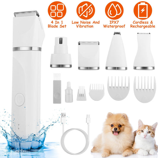 Pet grooming tool kit featuring a cordless and rechargeable trimmer, four interchangeable blade attachments, low noise operation, IPX7 waterproof design, and useful accessories, with a cute Pomeranian and a cat in the background.