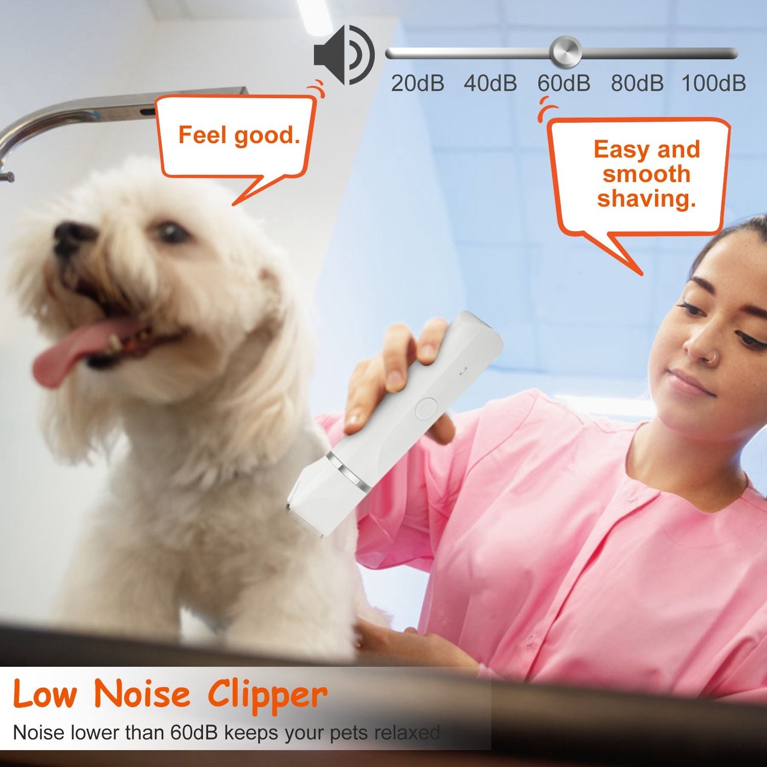 Low noise pet grooming clipper in use, designed to keep pets relaxed with sound levels below 60dB, featuring a person grooming a fluffy dog in a bright, modern setting.
