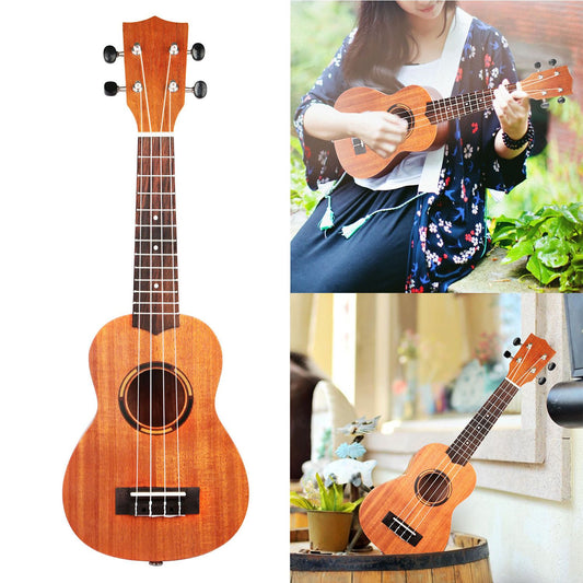 Ukulele with a warm wood finish, displayed alongside a woman playing it outdoors, showcasing its design and musical appeal.