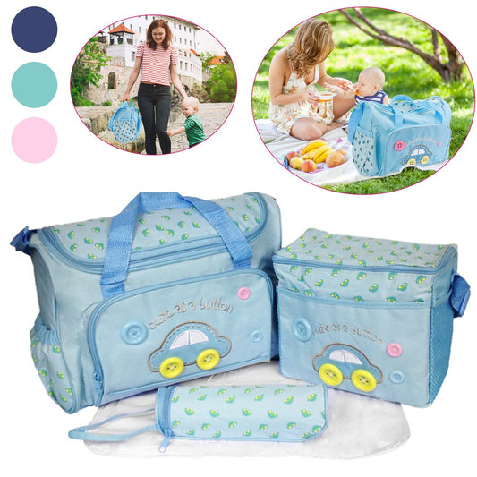 Cute as a Button children's diaper bag set in blue, featuring a spacious main bag, a matching insulated cooler bag, and a practical changing mat, ideal for outings with little ones.