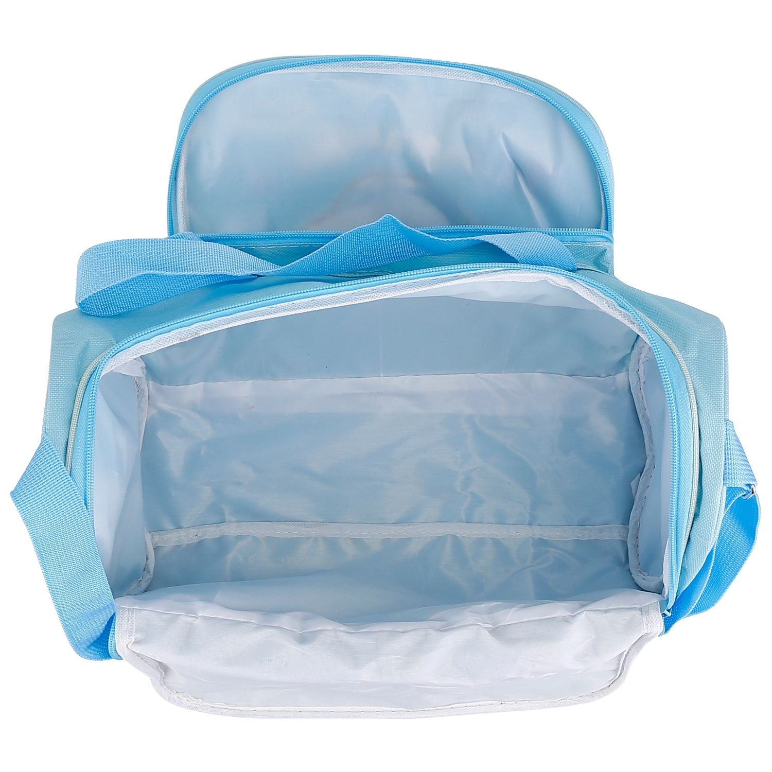 Light blue insulated lunch bag with an open top and spacious interior, designed for keeping food fresh and organized.