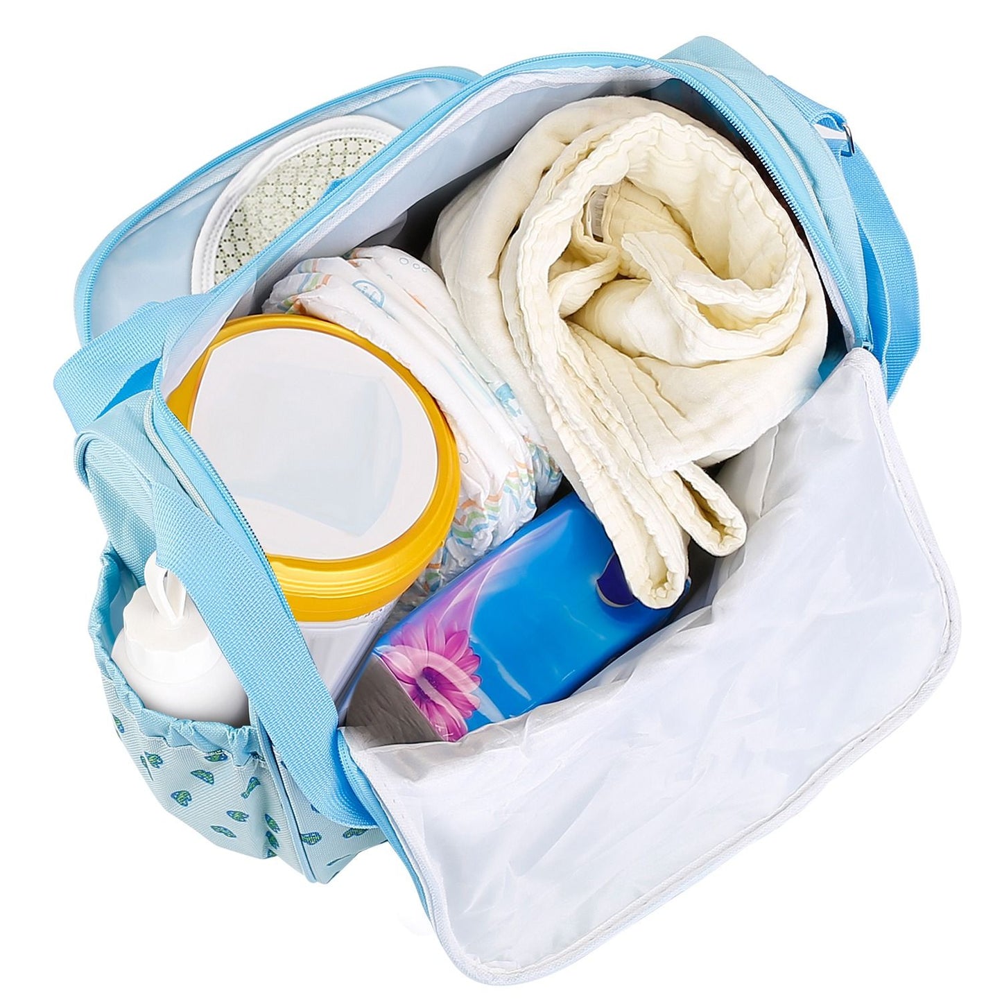 Light blue tote bag filled with baby essentials including diapers, wipes, a soft white blanket, and a container of baby food.