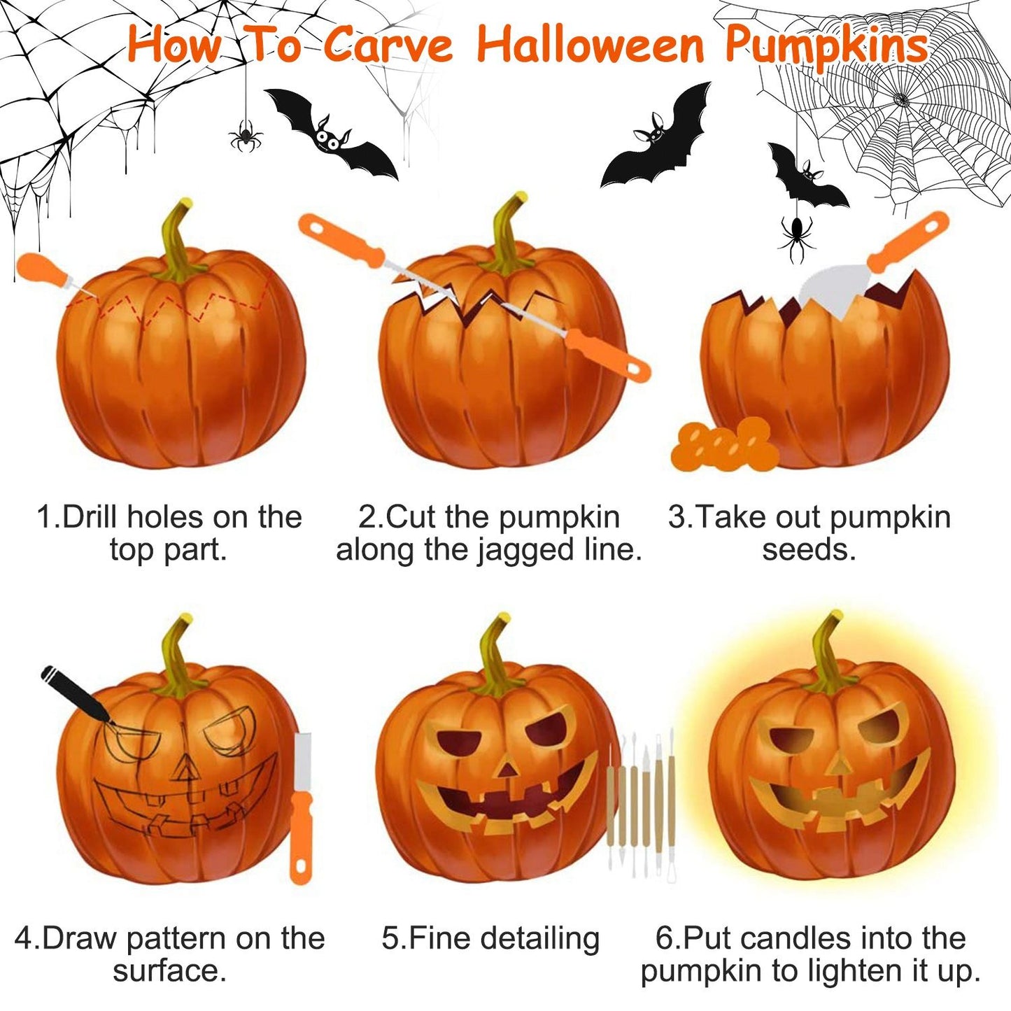 Step-by-step illustration guide on how to carve Halloween pumpkins, featuring six clear instructions with images of the pumpkin carving process, including drilling, cutting, seed removal, pattern drawing, detailing, and candle placement for illumination.