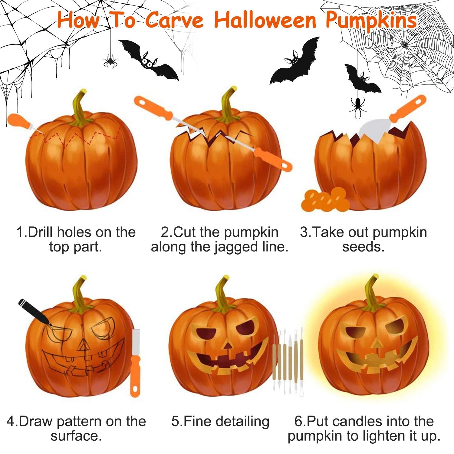 Step-by-step illustration guide on how to carve Halloween pumpkins, featuring six clear instructions with images of the pumpkin carving process, including drilling, cutting, seed removal, pattern drawing, detailing, and candle placement for illumination.