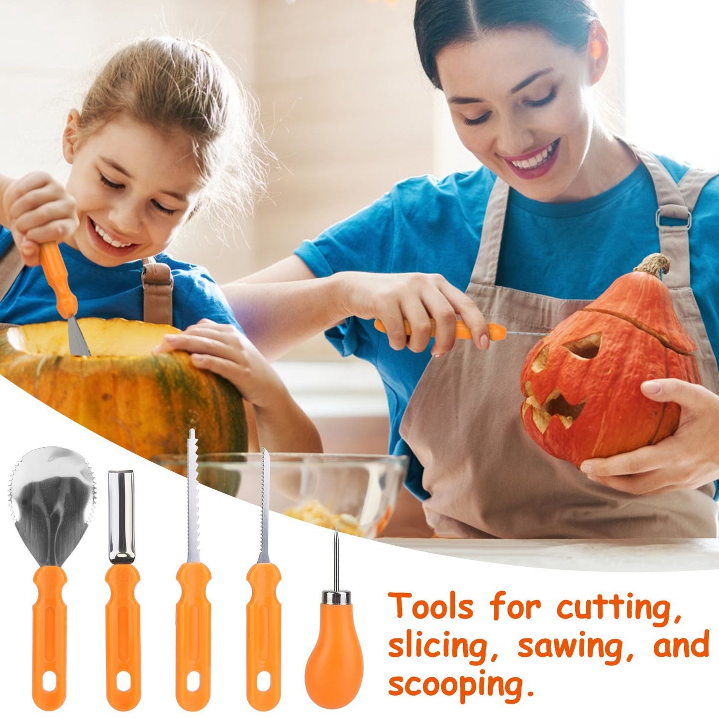 Child and adult using pumpkin carving tools, including a scoop, peeler, saw, and carving knife, with a carved pumpkin in the foreground. Perfect for festive Halloween activities.