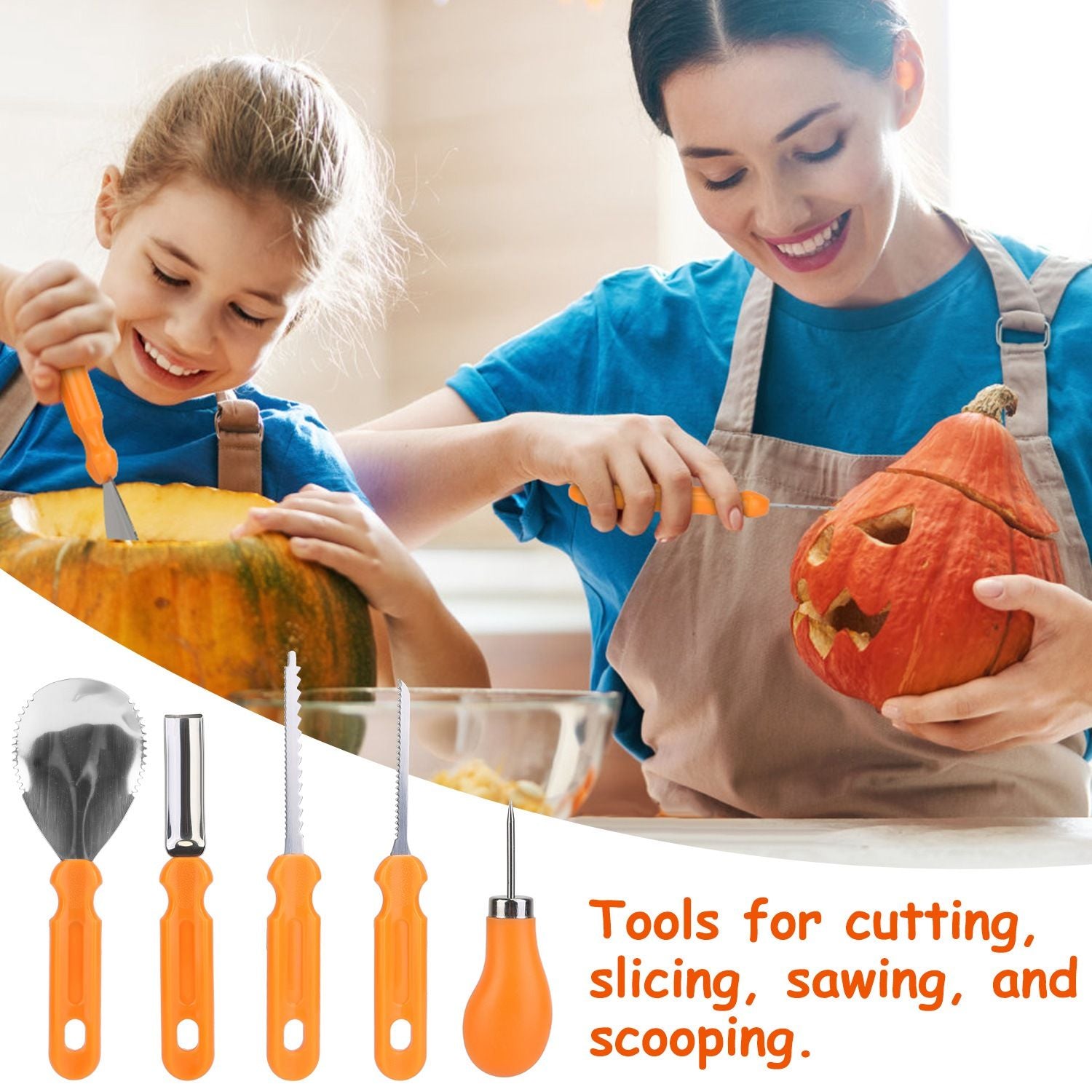 Child and adult using pumpkin carving tools, including a scoop, peeler, saw, and carving knife, with a carved pumpkin in the foreground. Perfect for festive Halloween activities.