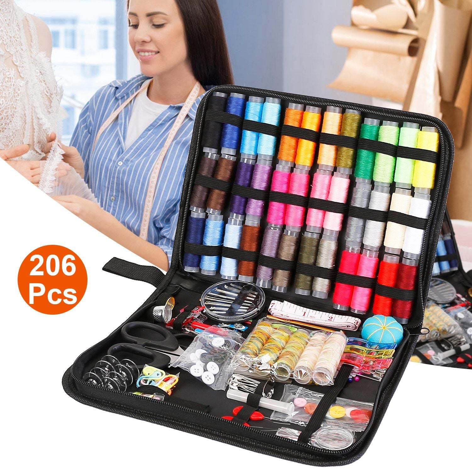 Sewing kit containing 206 pieces, including colorful thread spools, scissors, buttons, and other sewing accessories, displayed in a black organized case.
