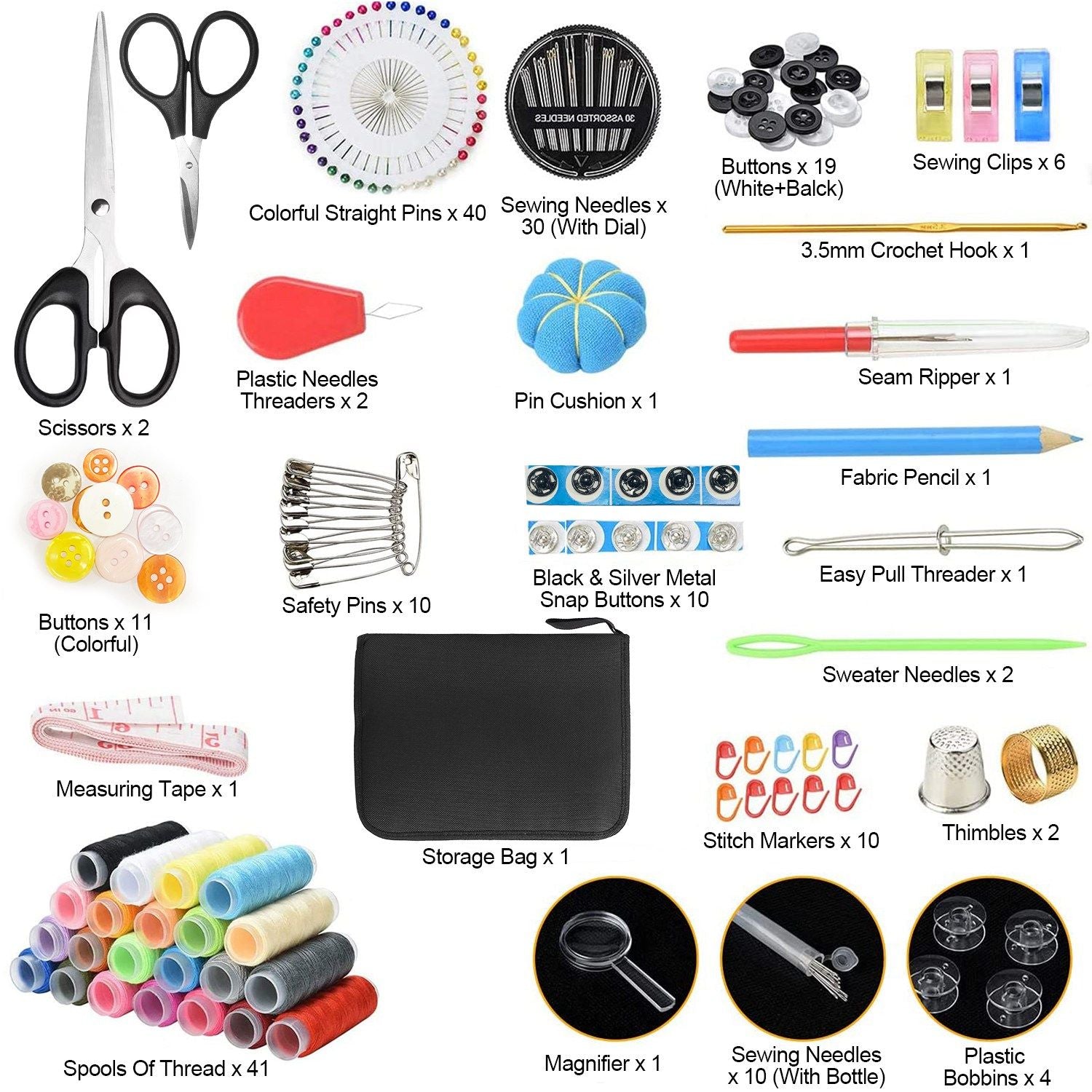 Comprehensive sewing kit with scissors, needles, buttons, pins, thread spools, measuring tape, and more, neatly organized in a storage bag for crafting and sewing enthusiasts.