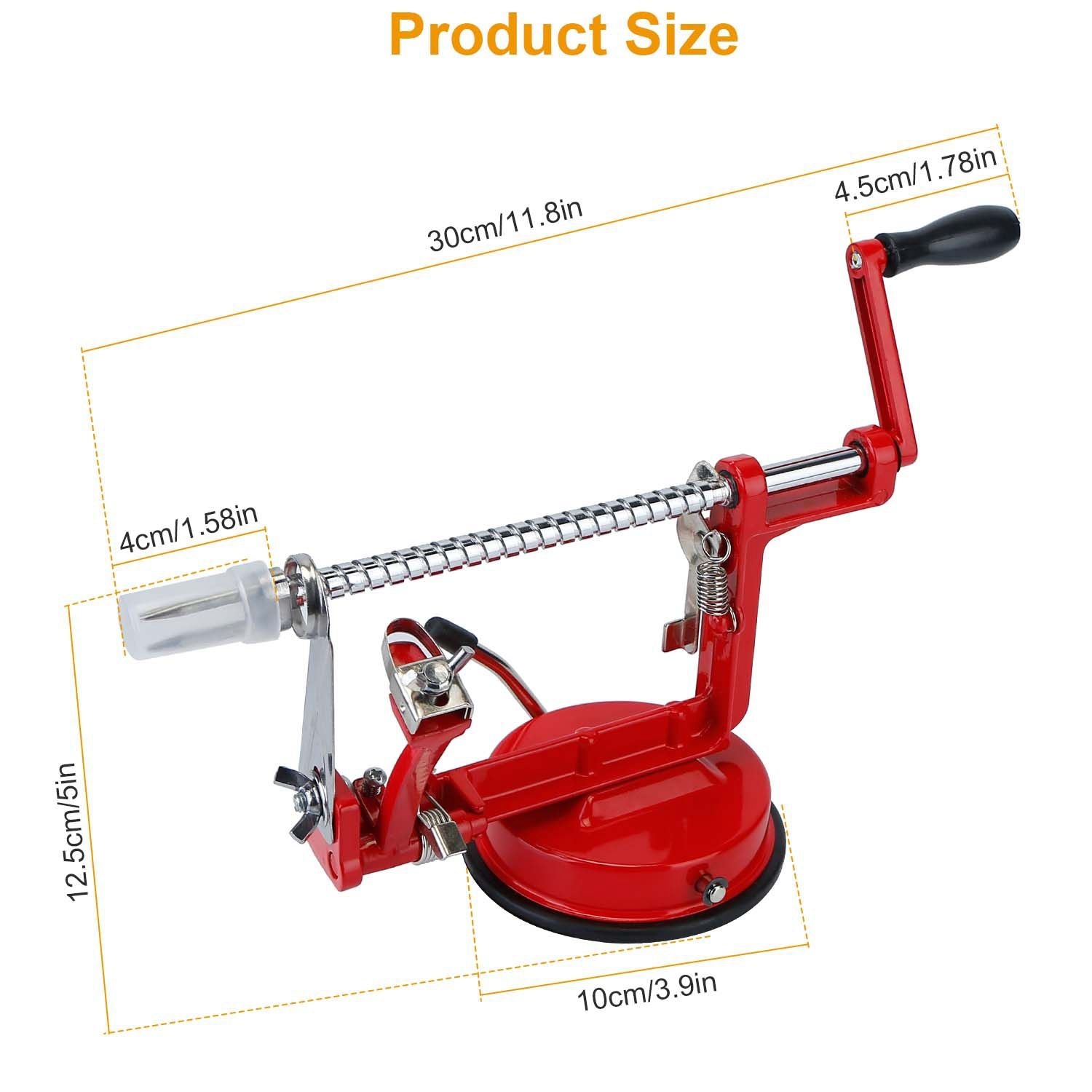 Red apple peeler and corer with measurements displayed, showcasing its handheld design and sturdy construction for easy fruit preparation.