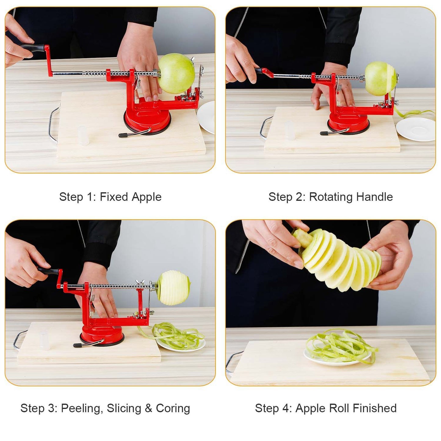 Manual apple peeler and slicer in step-by-step use: fixing the apple, rotating handle, peeling and slicing, and finishing with apple roll.