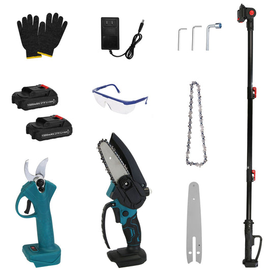 Garden tool kit featuring an electric pruner, chainsaw, safety glasses, gloves, battery packs, charger, and accessories for efficient gardening.