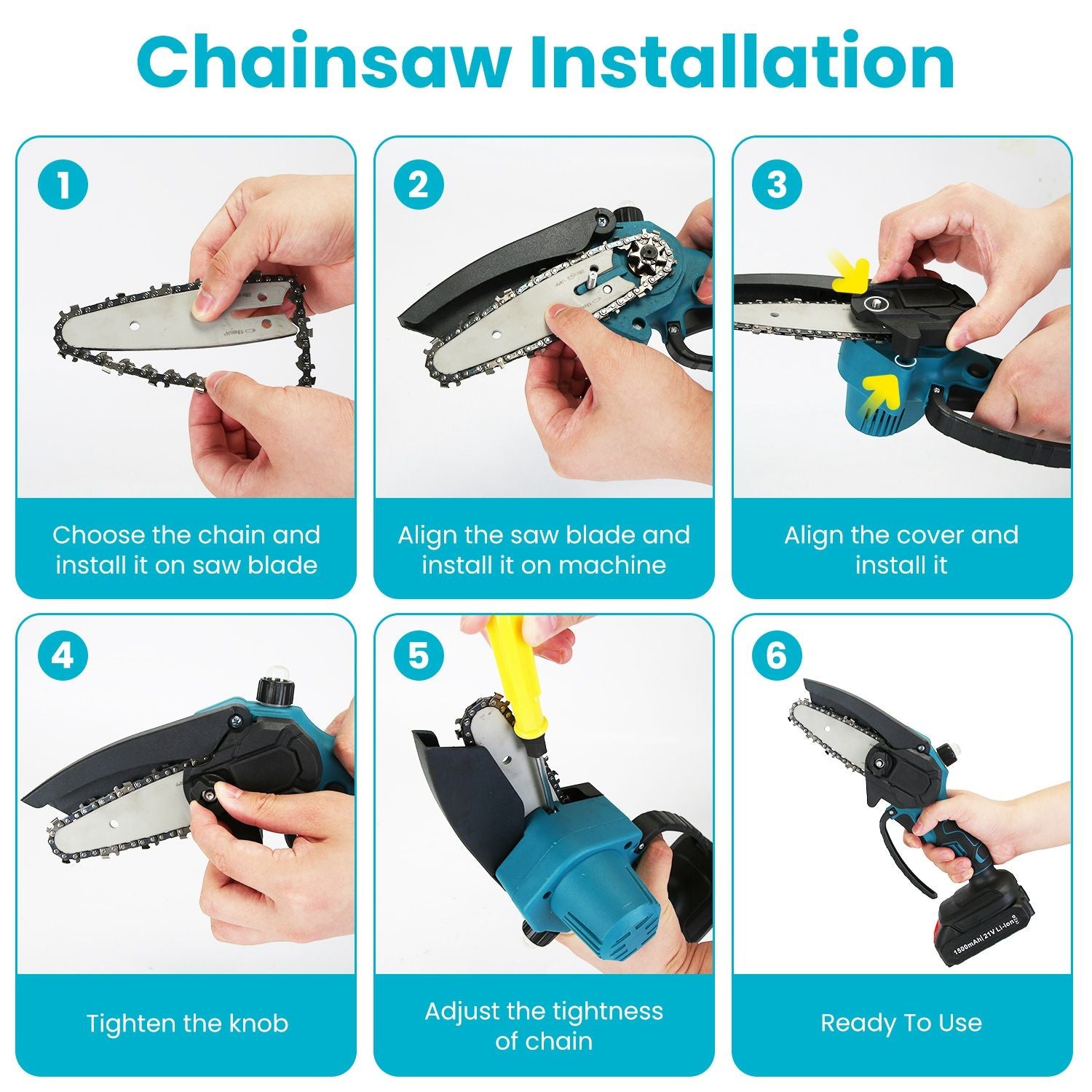 Step-by-step guide for chainsaw installation, showing hands aligning and tightening the chain, blade, and cover for proper setup and use.