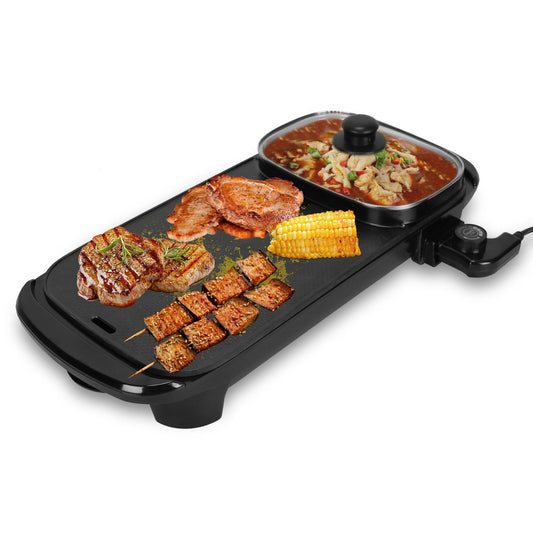 Electric griddle with assorted grilled meats, corn, and a pot of stir-fried vegetables, showcasing a versatile cooking surface for delicious meals.