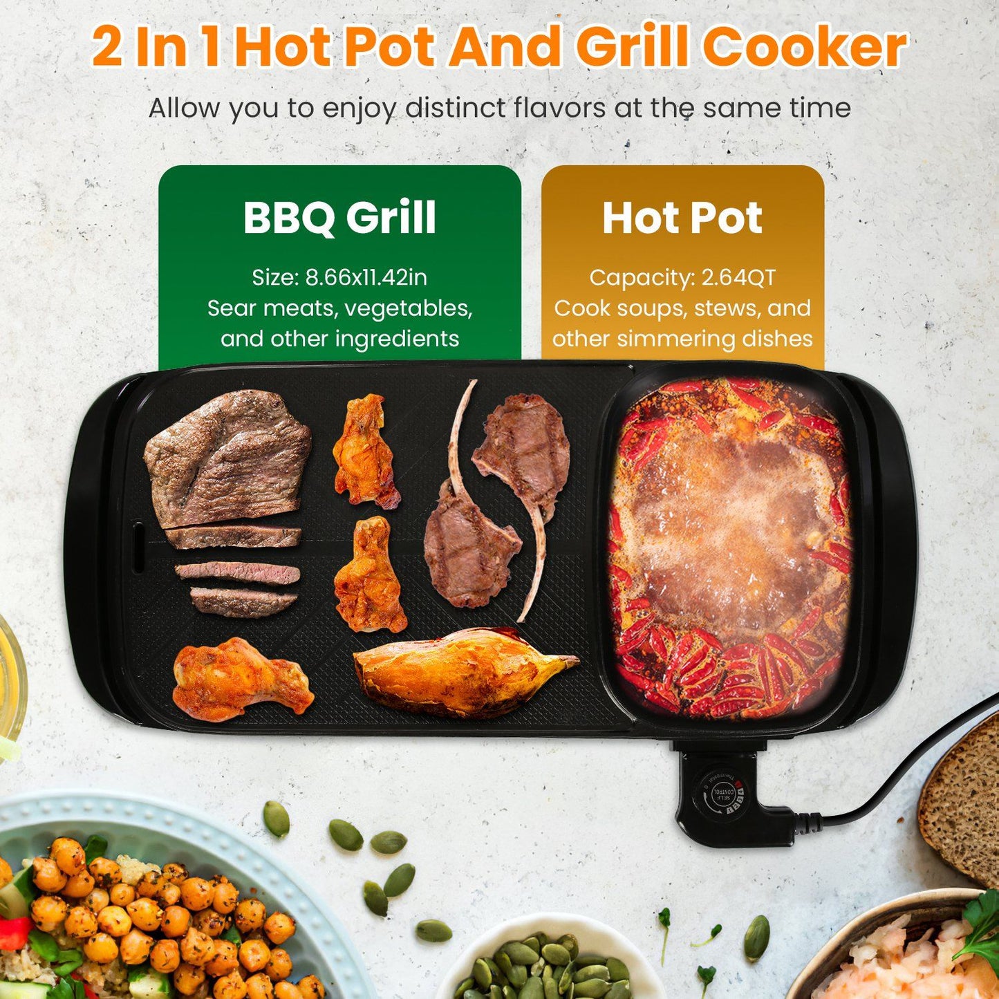 2-in-1 hot pot and grill cooker featuring a BBQ grill section for searing meats and vegetables alongside a hot pot for soups and stews, showcasing a variety of grilled dishes and a bubbling stew.