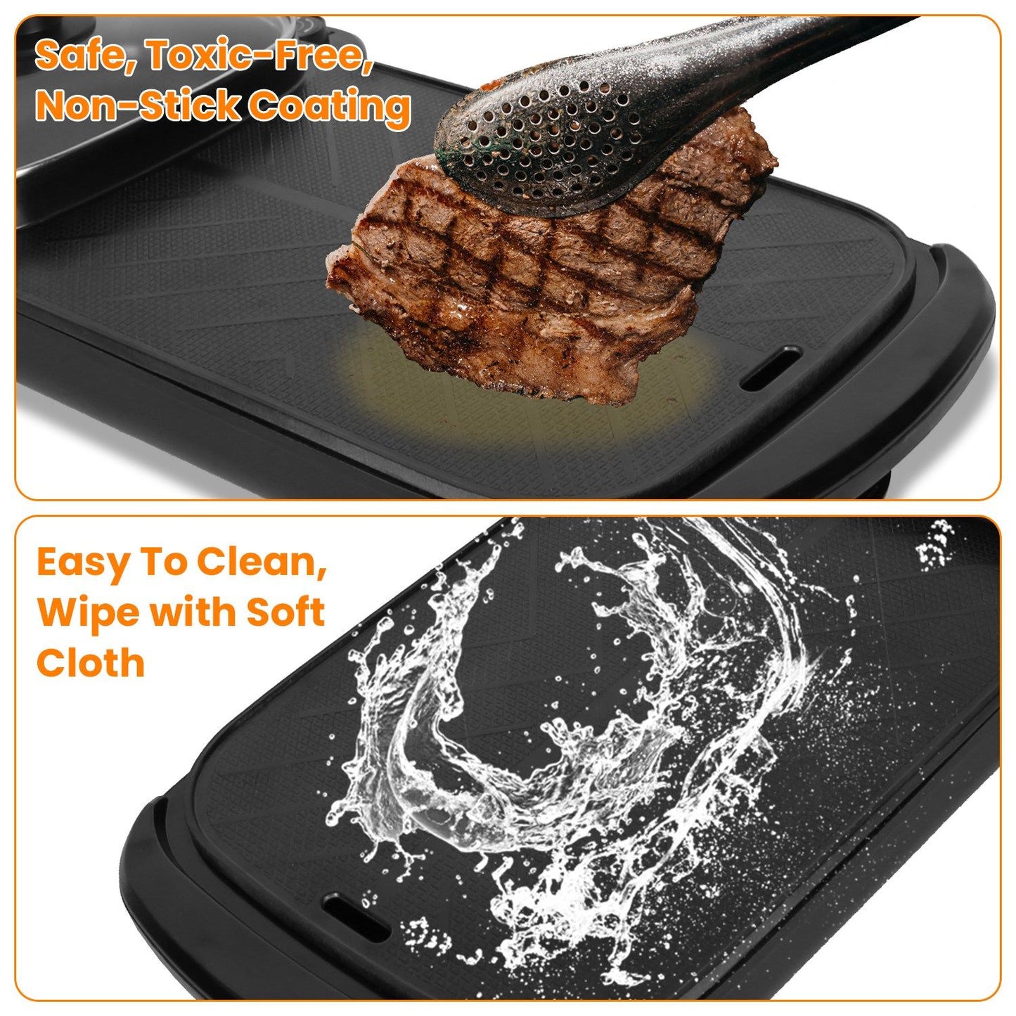 Non-stick grilling surface with a piece of grilled steak and water splash effect, highlighting safe, toxic-free materials and easy cleaning instructions.