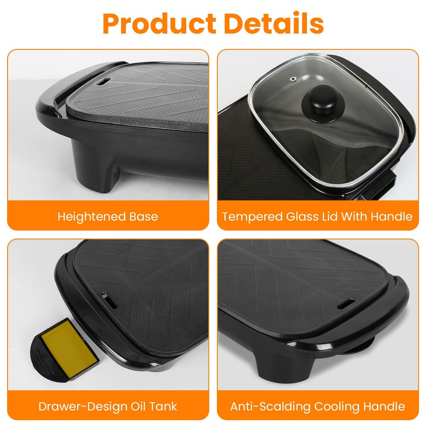 Electric griddle with a heightened base, tempered glass lid, drawer-design oil tank, and an anti-scalding cooling handle, ideal for versatile cooking.