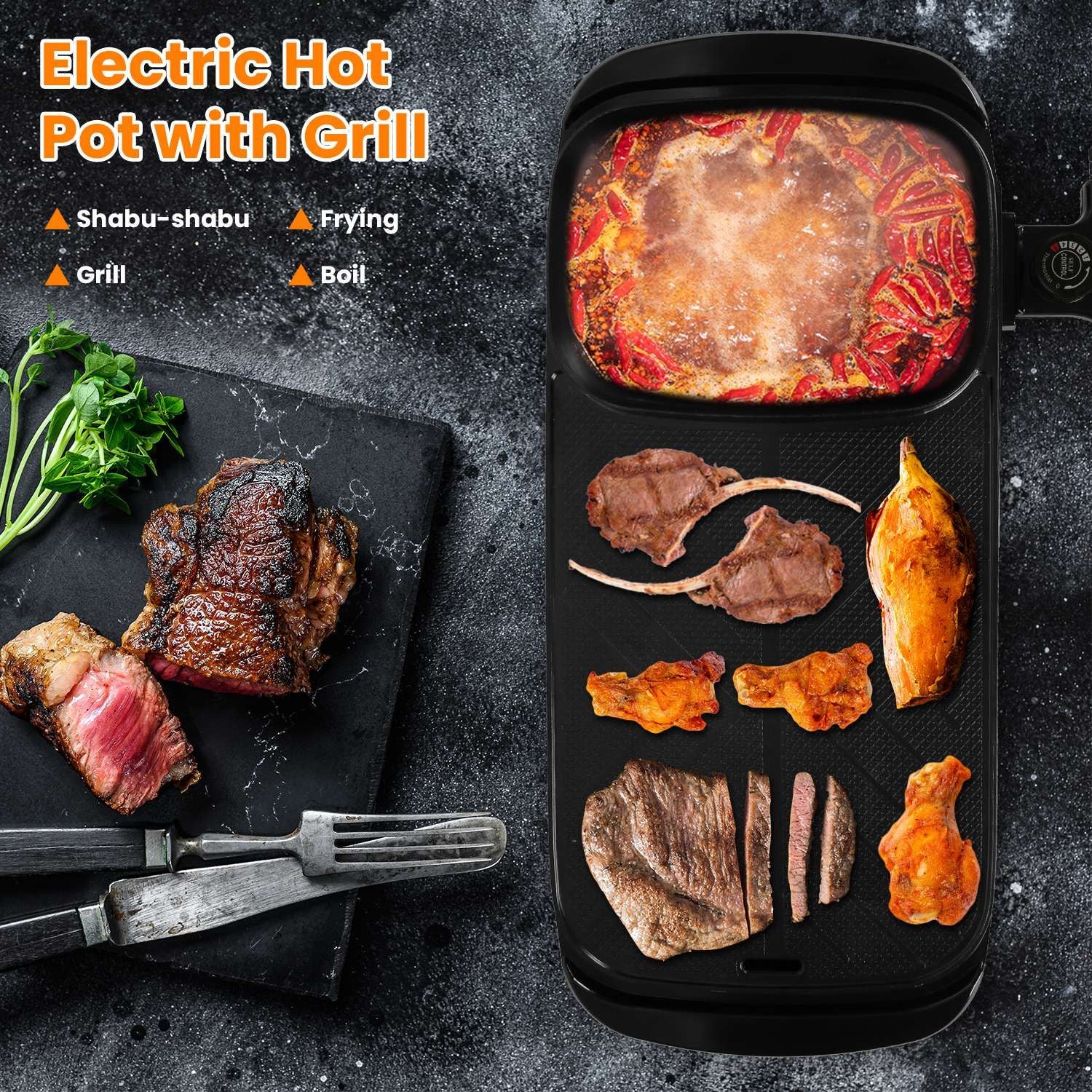 Electric hot pot with grill featuring various cooked meats, including chicken and beef, alongside fresh green herbs, set against a dark stone surface with cooking utensils. Perfect for shabu-shabu, grilling, and boiling.