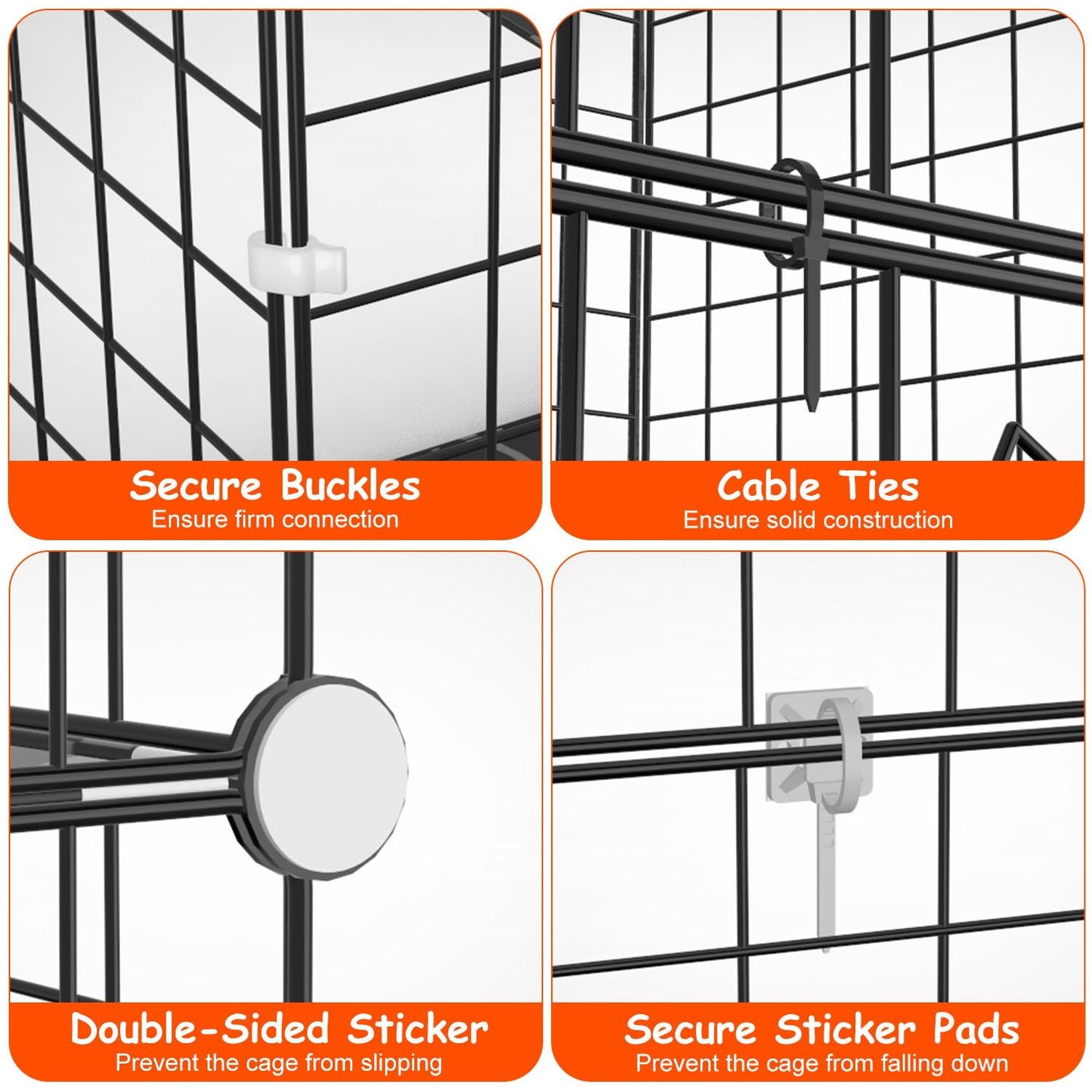 Image showing various securing methods for a grid-type pen, including secure buckles, cable ties, double-sided stickers, and secure sticker pads for stable construction and prevention of slipping or falling.