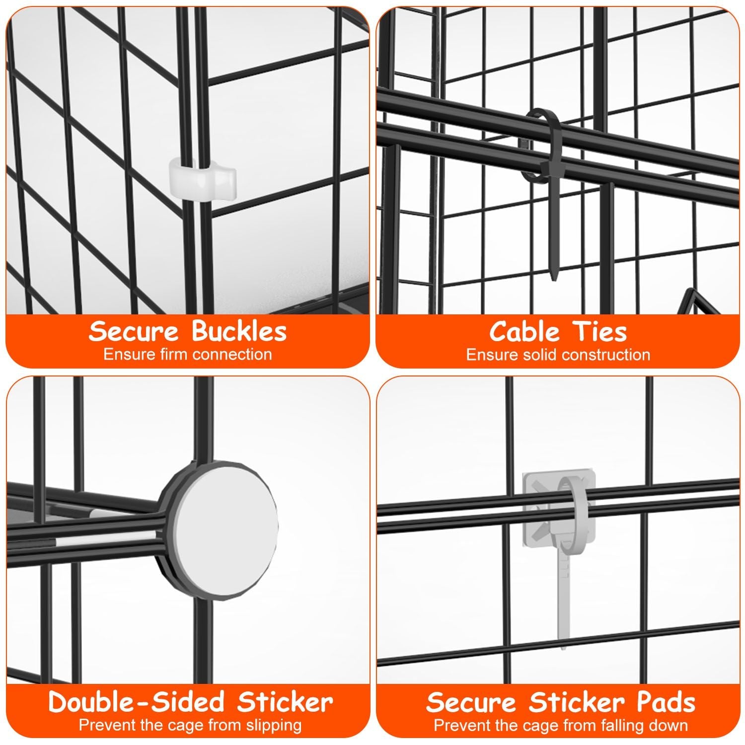 Image showing various securing methods for a grid-type pen, including secure buckles, cable ties, double-sided stickers, and secure sticker pads for stable construction and prevention of slipping or falling.