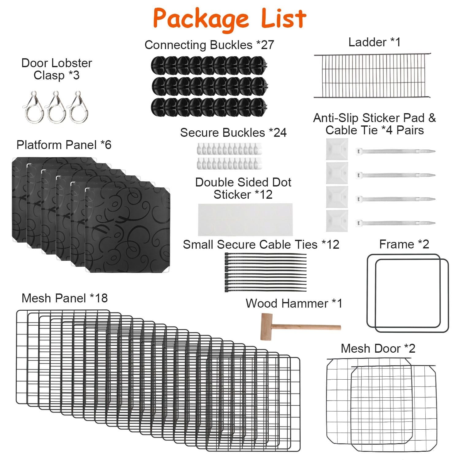 Package list for modular storage system including platform panels, mesh panels, connecting buckles, secure buckles, cable ties, and assembly tools.