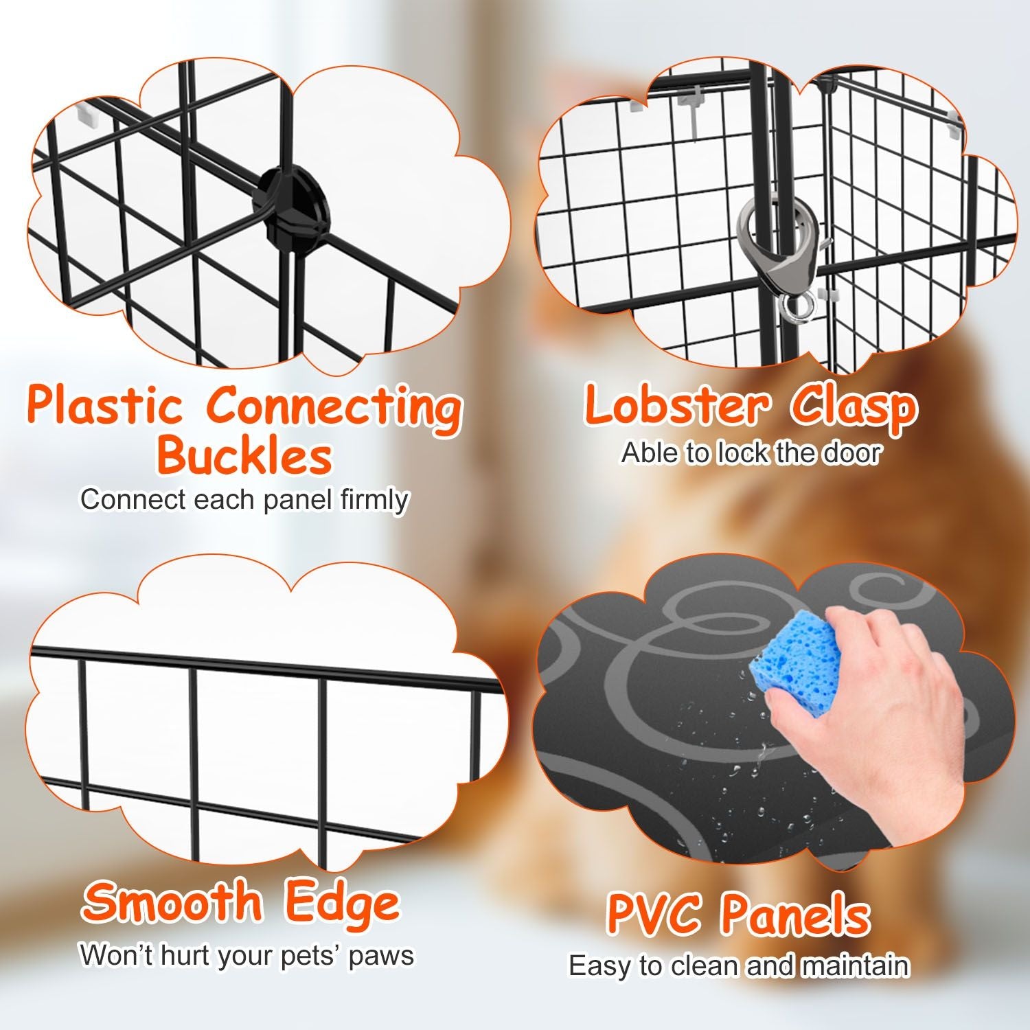 Collapsible pet playpen features plastic connecting buckles for secure panel attachment, a lobster clasp for door locking, smooth edges for pet safety, and easy-to-clean PVC panels.