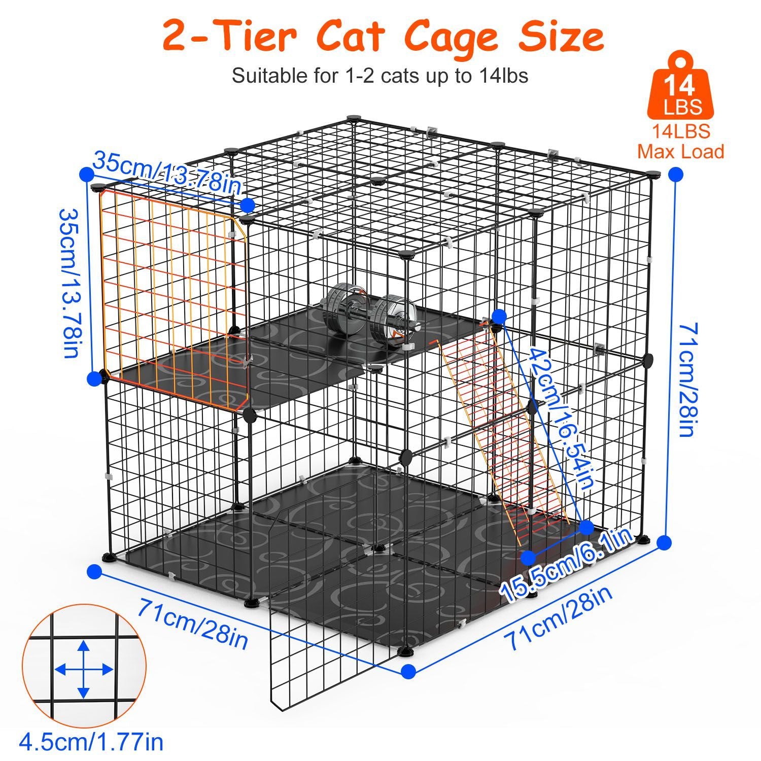 2-tier cat cage dimensions and features illustration, suitable for 1-2 cats up to 14 lbs, highlighting spacious design with measurements in centimeters and inches.