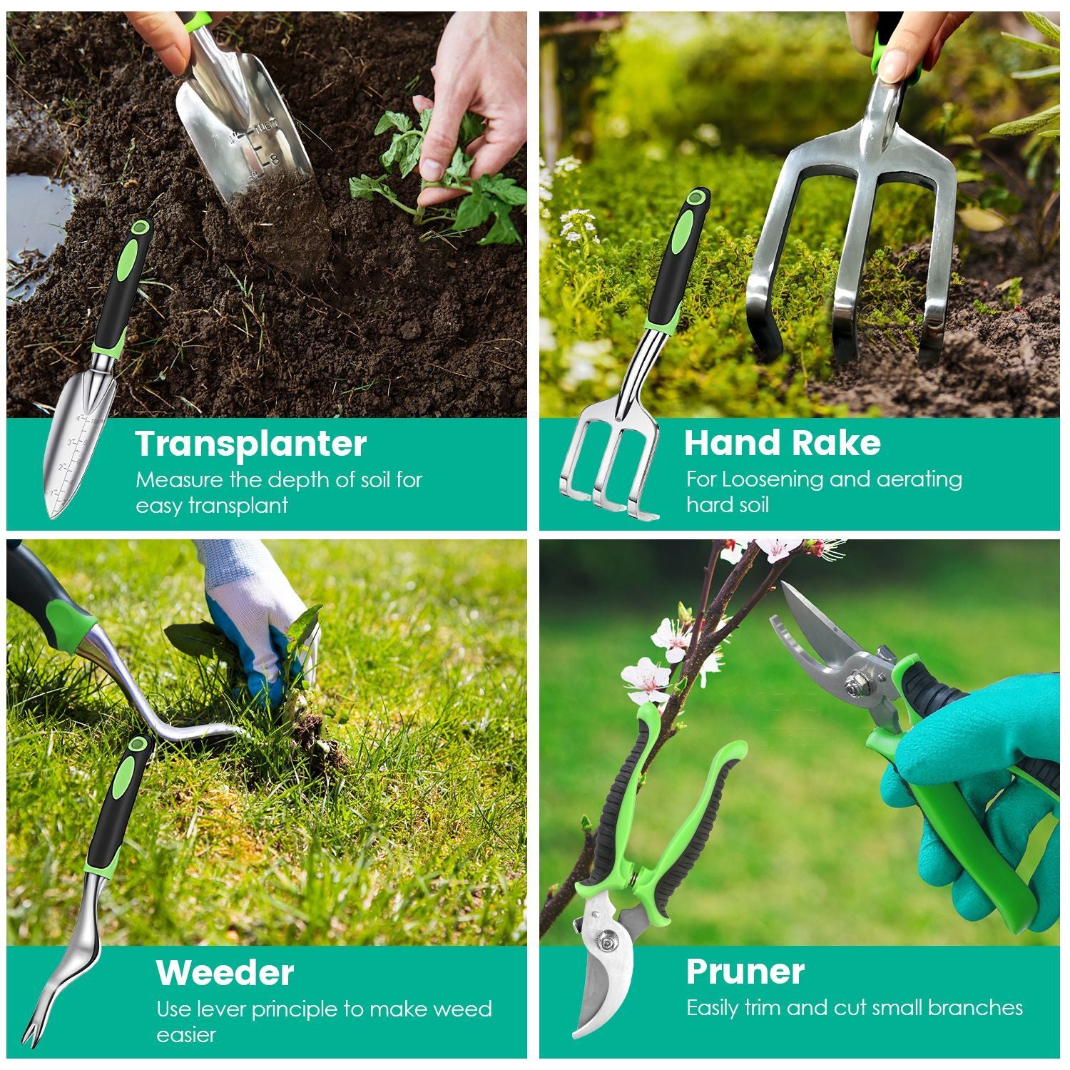 Four gardening tools displayed in a square layout, featuring a transplanting trowel for measuring soil depth, a hand rake for aerating soil, a weeder for easy weed removal, and a pruner for trimming small branches, all with ergonomic grips and vibrant green and black designs.