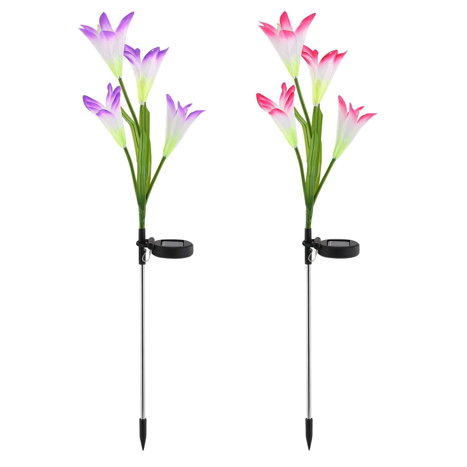 Colorful solar garden lights with purple and pink flower designs, featuring a stainless steel stake for easy outdoor installation.
