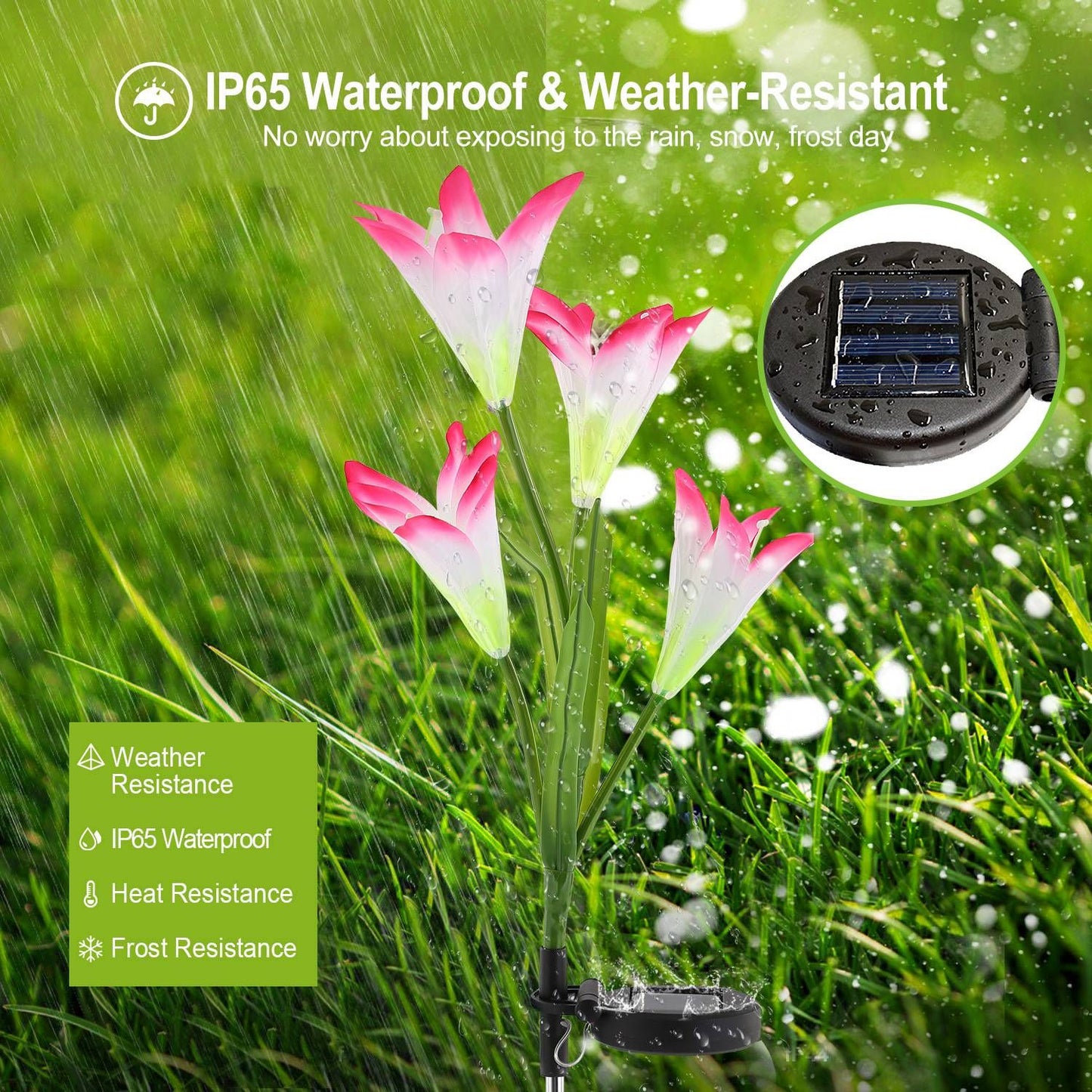 Solar-powered IP65 waterproof garden flowers with a weather-resistant solar panel, designed to withstand rain, snow, and frost for outdoor decoration.