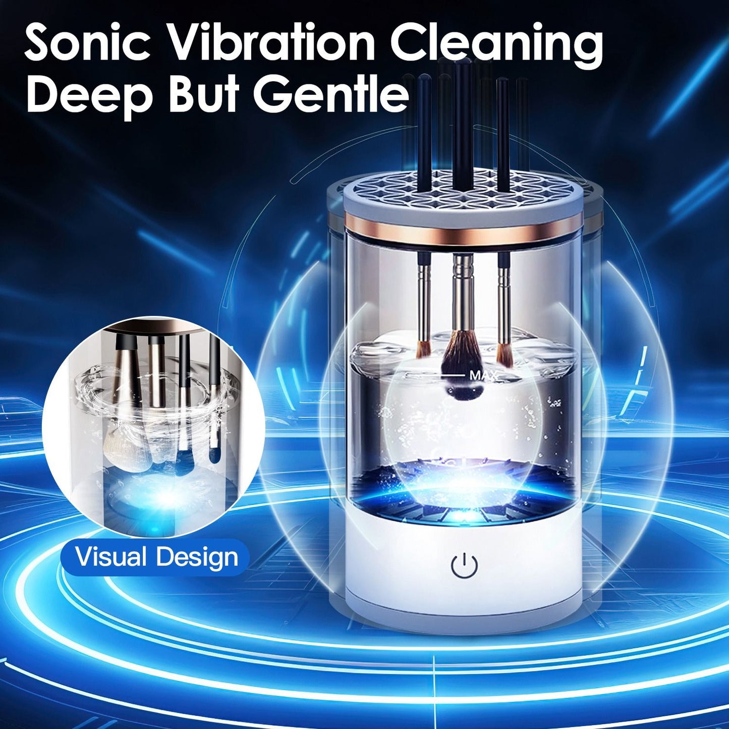 Sonic vibration cleaning device for deep but gentle brush cleaning, featuring a modern design with brushes submerged in water, highlighted by blue LED lights and a sleek, transparent container.