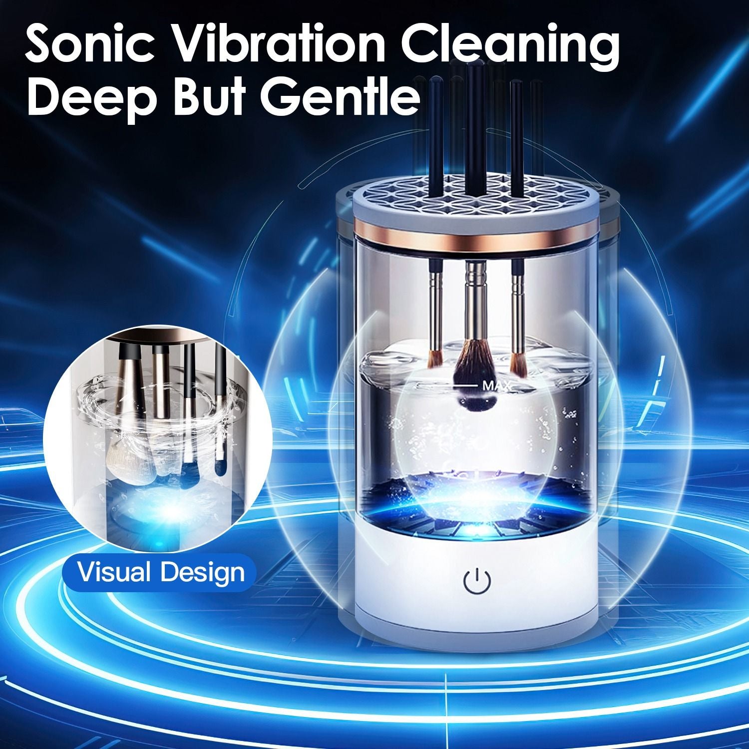 Sonic vibration cleaning device for deep but gentle brush cleaning, featuring a modern design with brushes submerged in water, highlighted by blue LED lights and a sleek, transparent container.