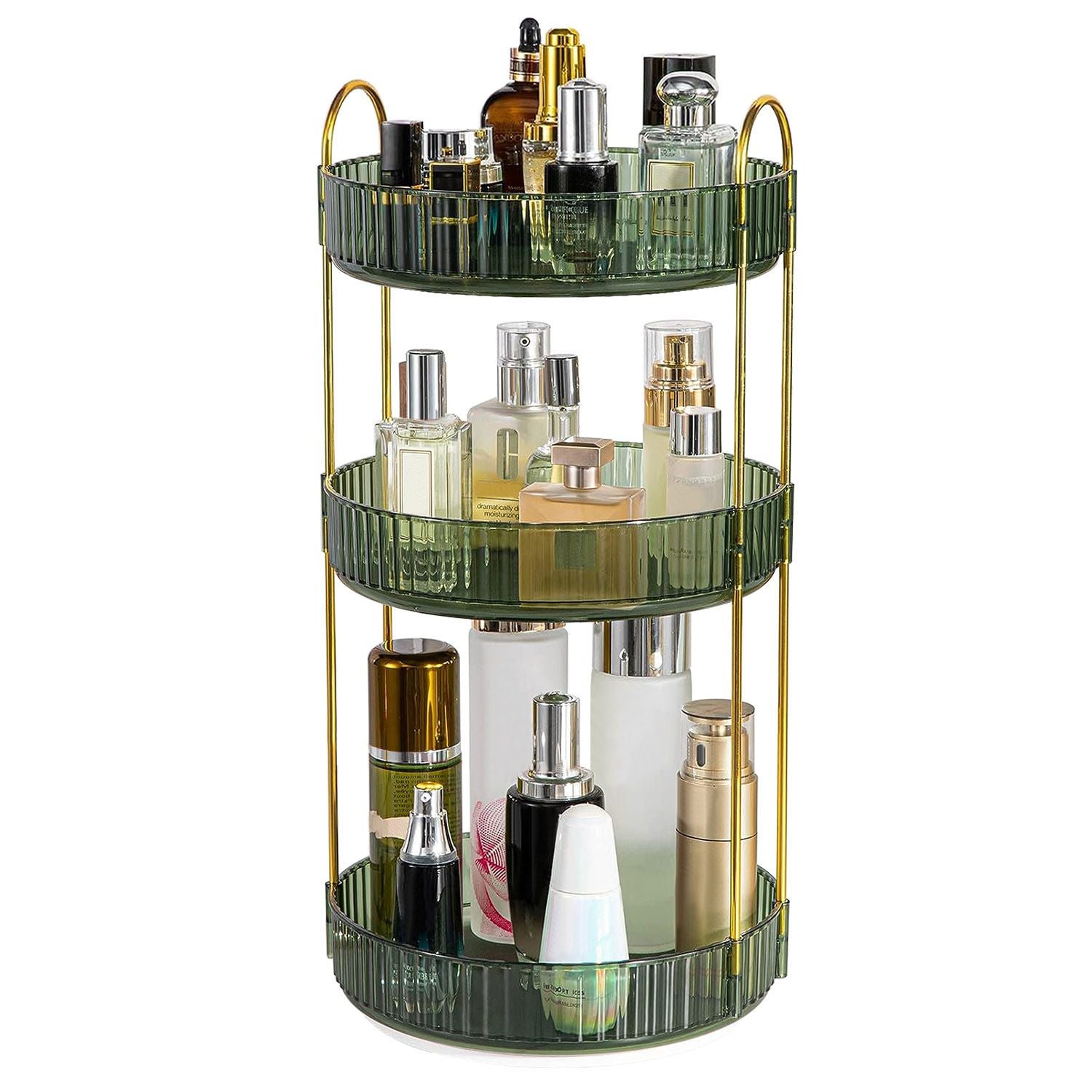 Elegant three-tiered perfume organizer with gold accents displaying various perfume bottles on green glass shelves.