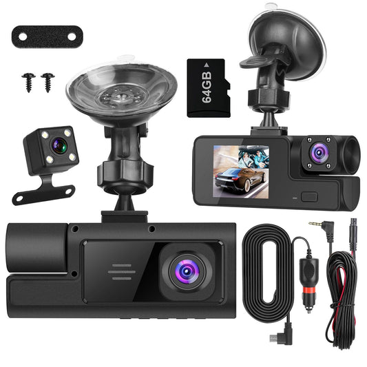 "Car dash cam kit featuring front and rear cameras, mounting accessories, a 64GB memory card, and power cables for secure vehicle recording."