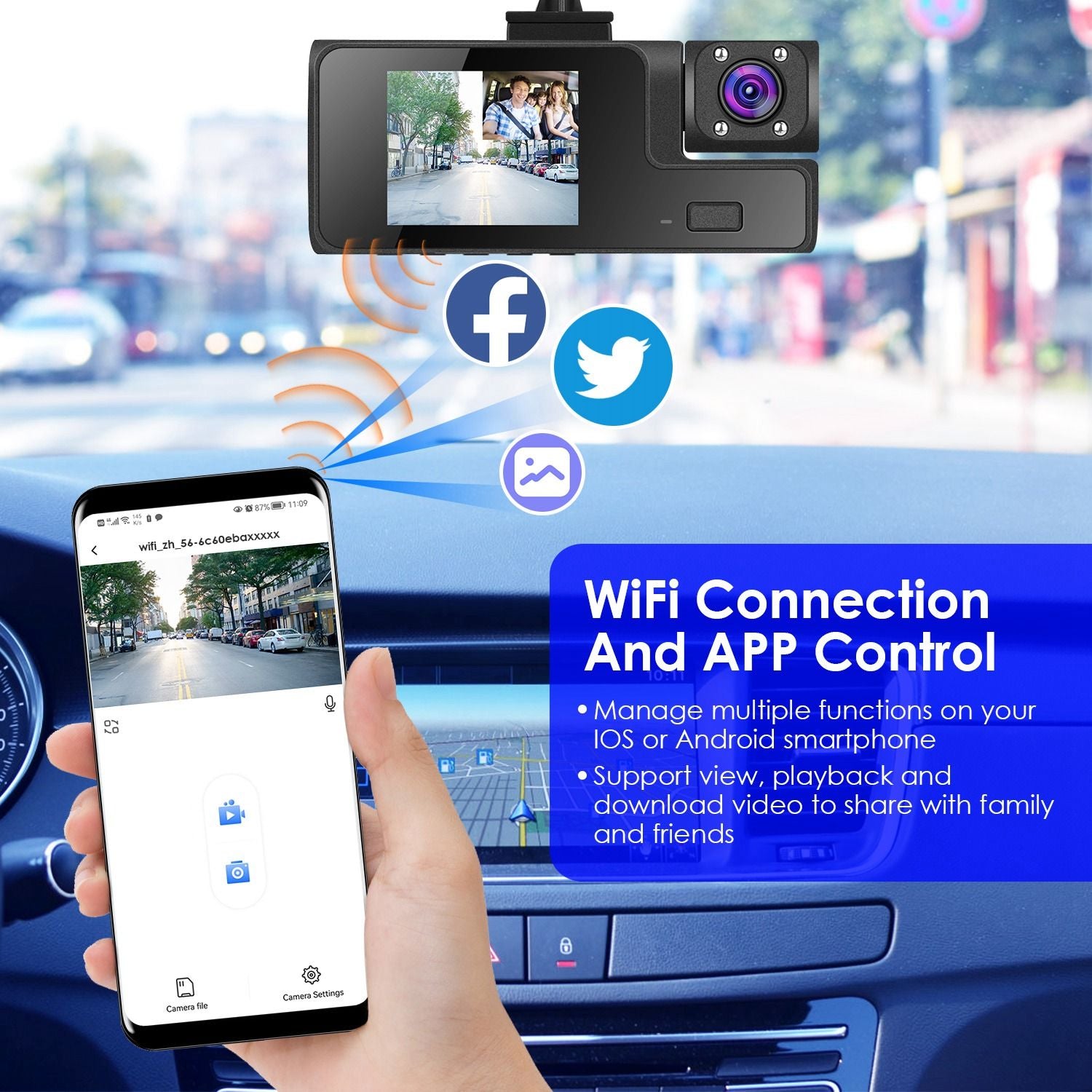 Dashboard camera with WiFi connection and app control, showing smartphone interface for managing features, sharing video, and connecting to social media.