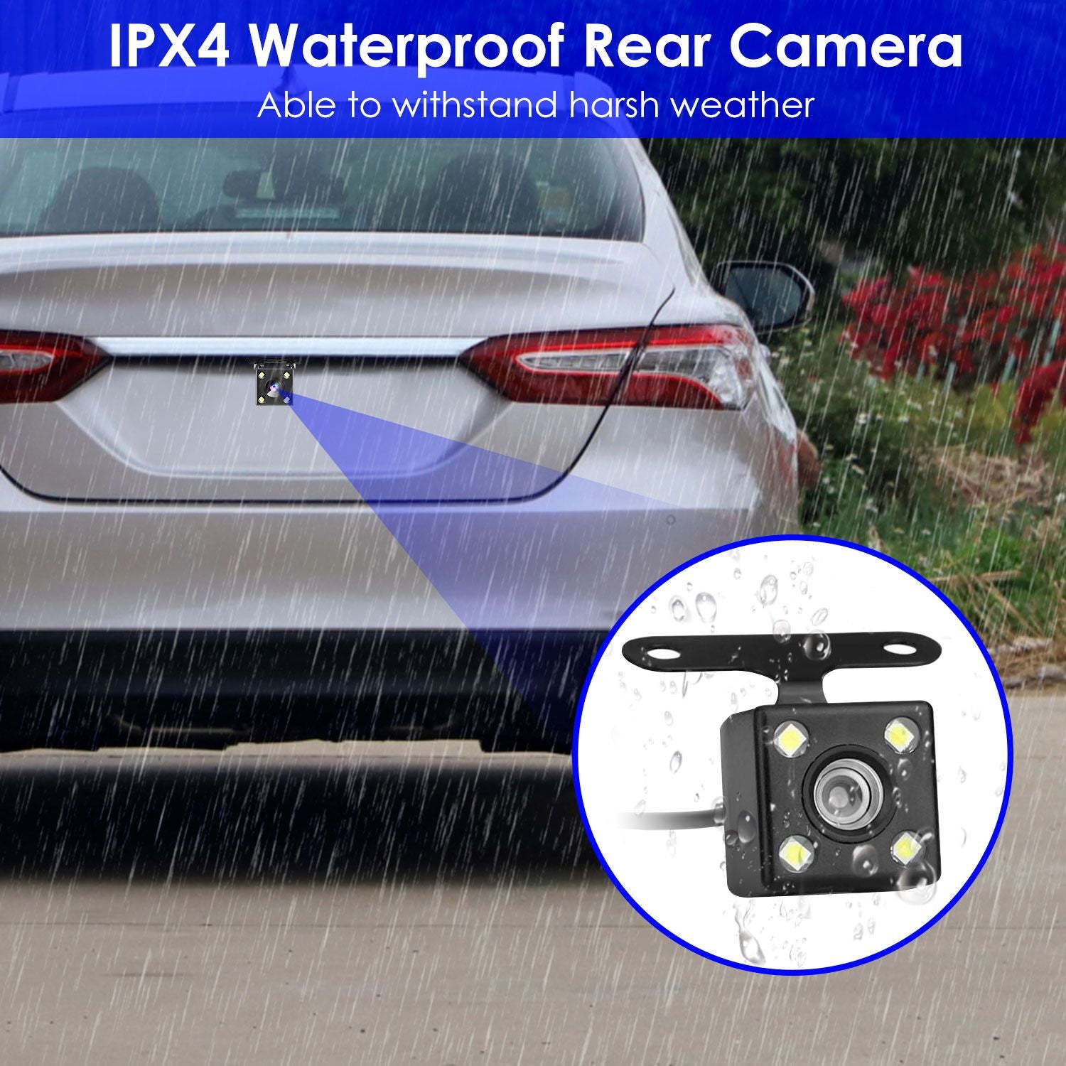IPX4 waterproof rear camera designed for vehicles, featuring a clear view in rainy conditions with night vision capability, showcasing durability against harsh weather.